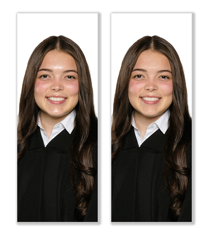 Photo of a graduation student with face shine before and after it was removed by Green Apple Studio's innovative technology