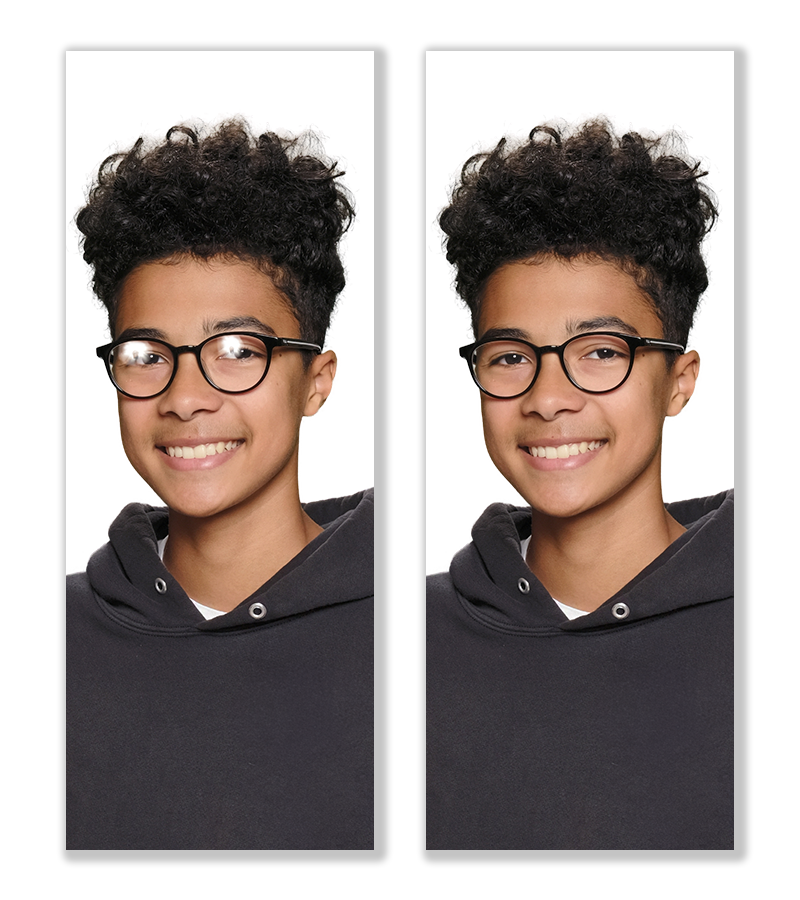 Photo of a high school student with glasses glare before and after it was removed by Green Apple Studio's innovative technology